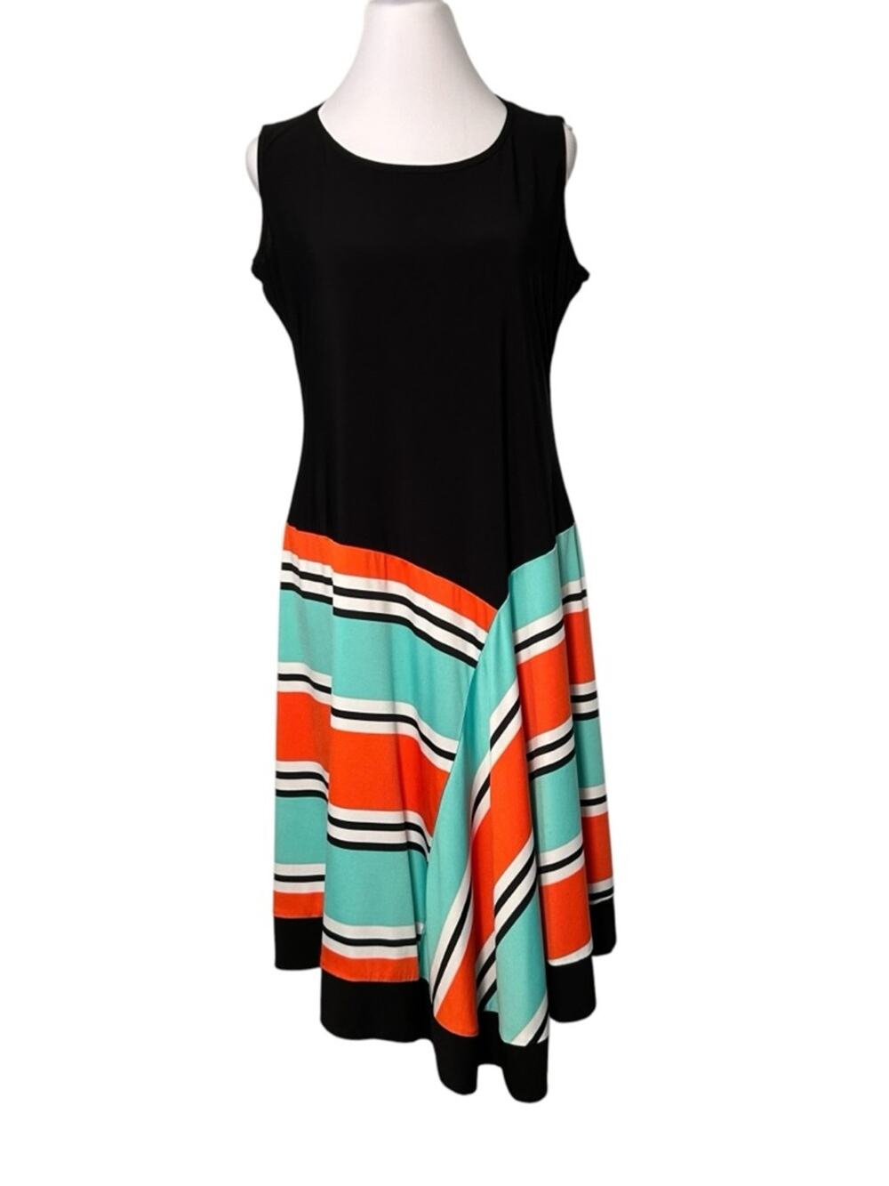MSK Sleeveless Midi Dress Size L Black Bodice & Orange Teal Stripe Stretchy